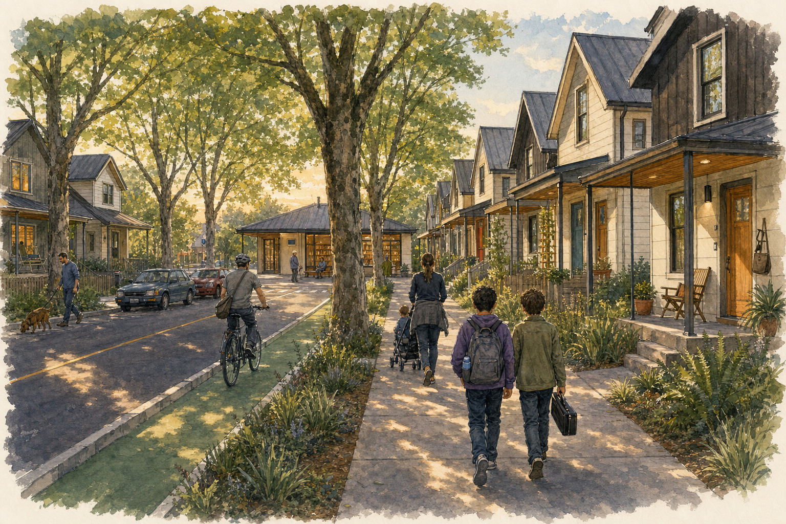 A watercolor view down a residential street lined with two-story gabled houses in cream and pale siding, deep porches with metal roofs, and large mature trees arching over the sidewalk. In the foreground a woman pushes a stroller while two boys walk beside her, one carrying a small case; mid-ground a cyclist rides along a planted bike lane and a figure with a dog stands near parked cars. Late-afternoon light filters through the canopy onto brick paving, garden beds, and a wood-clad building set back among the trees.