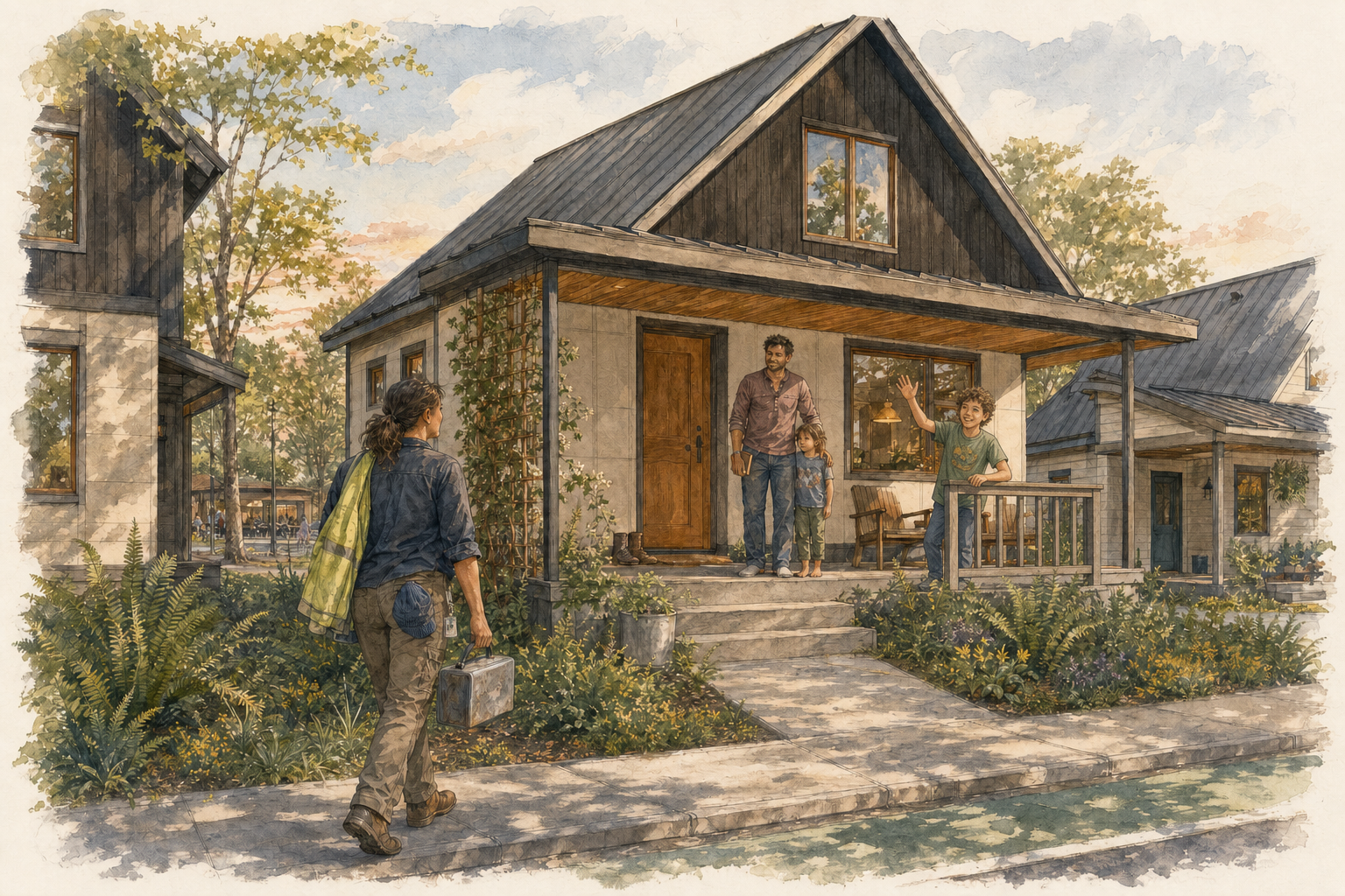 A watercolor of a small gabled cottage with a dark metal roof, pale board-and-batten siding, and a covered front porch glowing with interior lamplight. A woman in a denim shirt and work pants, carrying a green jacket and a metal lunch pail, walks up a stone path through ferns and wildflowers toward the porch, where a bearded man stands in the open doorway with a small child beside him and another figure waves from the lit interior. Soft evening light washes the facade and surrounding garden, with a second similar building visible through trees at left.