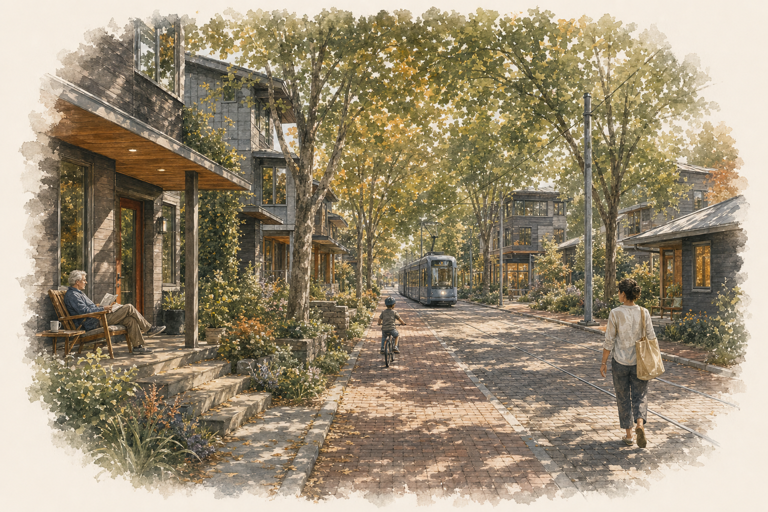A watercolor street scene with a sleek modern streetcar gliding along tracks set into a brick-paved roadway, framed by leafy trees turning toward yellow. On the left, an older couple sits on a covered porch of a dark-timbered building draped in ivy and flowering shrubs; on the right, a woman with a shoulder bag walks along the bricks while a cyclist approaches from down the line. Warm autumn light filters across the buildings and pavement, with another mid-rise structure visible through the trees in the distance.