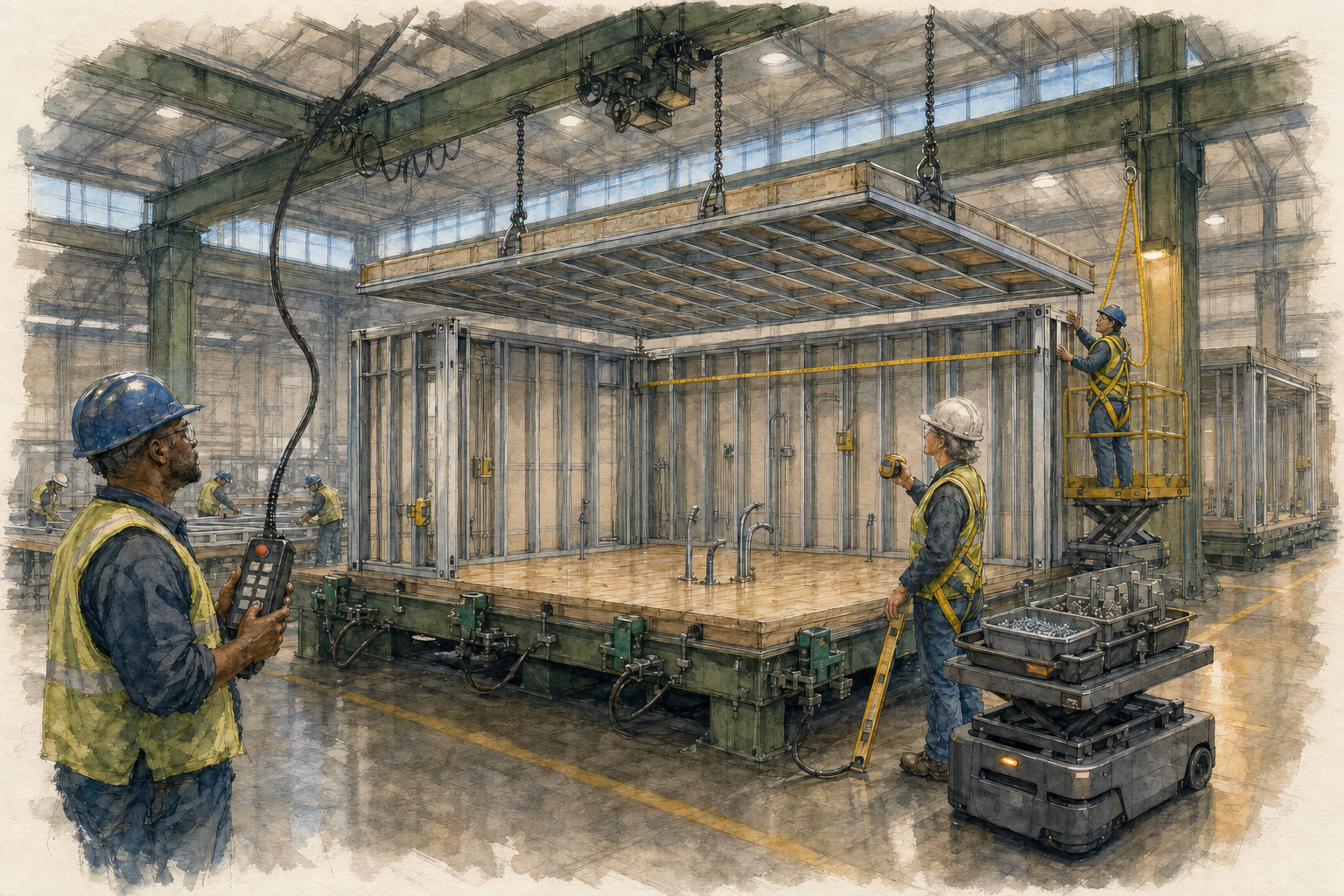 Inside a green-trussed industrial bay, a rectangular steel-stud room frame sits on a low green jig with a plywood deck floor, suspended in part by chains from overhead cranes. A worker in a hard hat and yellow vest stands in the foreground holding a tethered pendant controller, while a second worker in a white hard hat watches from beside the frame and a third works from a yellow scissor lift at the right edge of the module. Light from clerestory windows falls on the polished concrete floor, and a wheeled tool cart with a tray of fittings sits at right.