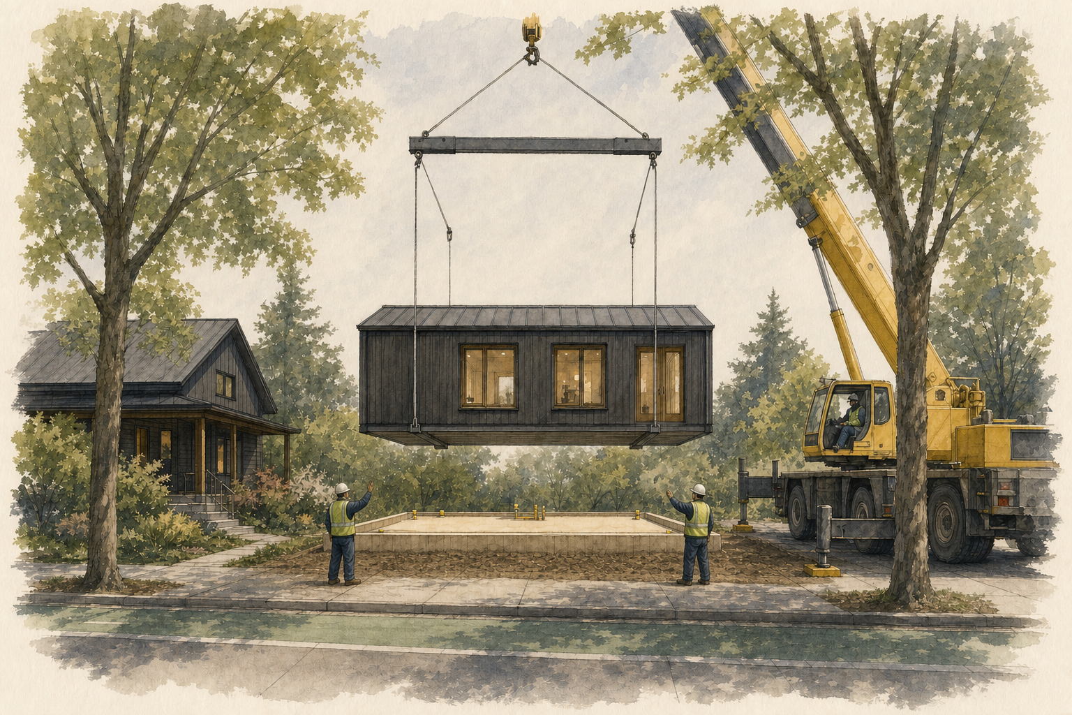 A yellow hydraulic crane at right lifts a long dark-sided single-story building section by a spreader bar and four cables, hovering it above a shallow rectangular foundation pad on a tree-shaded residential lot. Two workers in hard hats and yellow vests stand at opposite corners of the pad with arms raised to guide the module down. A dark gabled house with lit windows sits among trees at the left edge of the frame, and a curb and street run across the foreground.