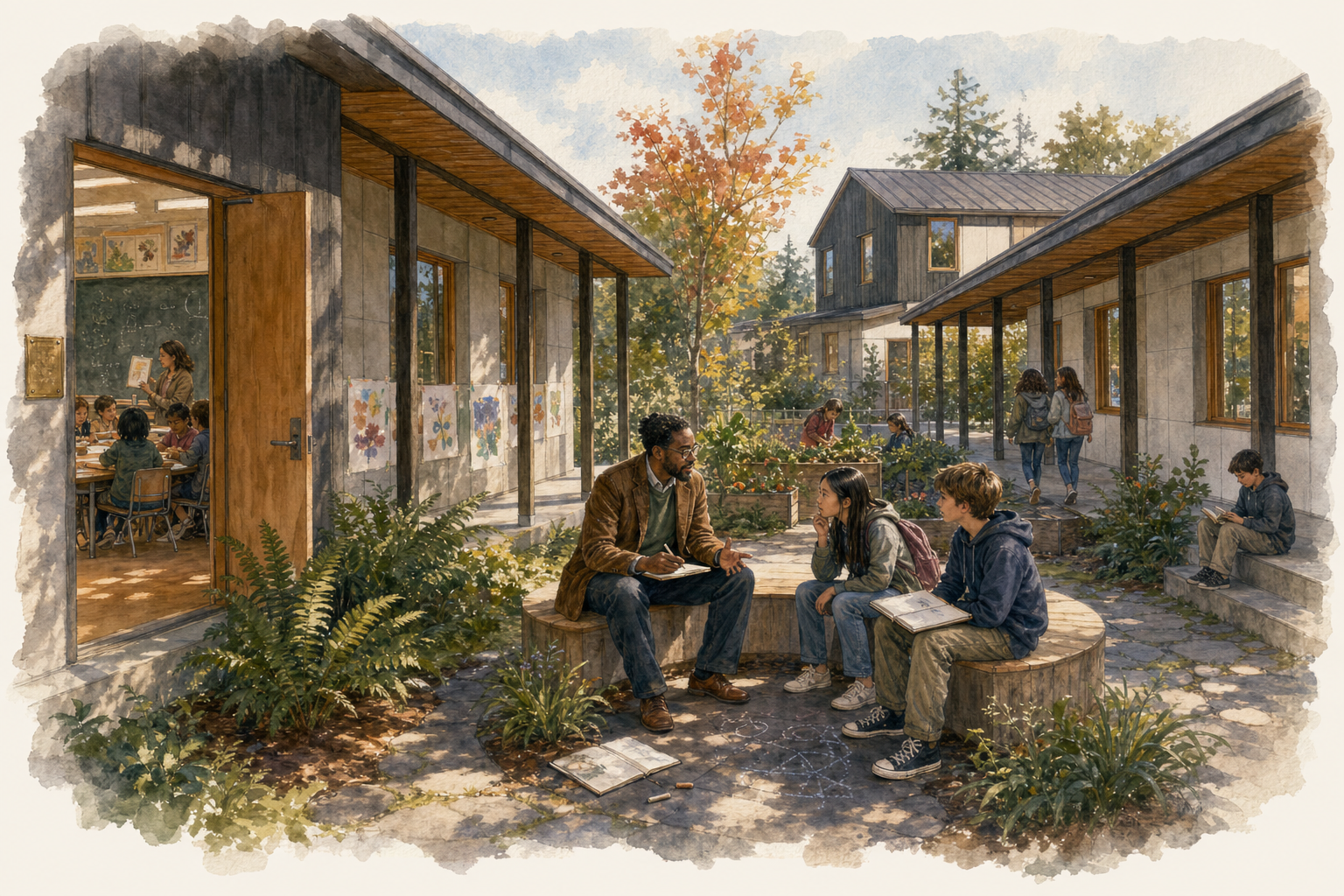 A watercolor courtyard between two low pavilion buildings with shed roofs, board siding, and deep covered walkways, opening onto a garden with ferns, shrubs, and a tree in early autumn color. In the center, a bearded man in a brown jacket sits on a log-round bench holding a notebook, talking with three teenagers seated around him, one with a backpack and another reading; an open classroom door at left reveals children's artwork on the walls and students working at tables. At right, more students stand and sit along the opposite building's porch, one reading on a step, under dappled light filtering through the trees.