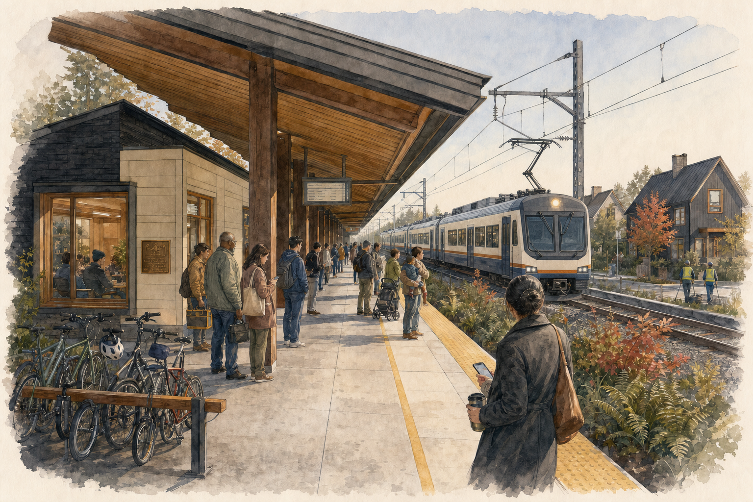 A train platform under a heavy timber canopy with a small lit waiting room on the left, a row of parked bicycles in a rack, and a yellow safety stripe running along the platform edge. Several people in coats stand waiting while a silver-and-blue passenger train approaches from the right under overhead catenary wires. In the foreground a person in a long coat holds a coffee cup and a phone; beyond the tracks are wooden houses, trees in autumn color, and two figures in yellow vests.