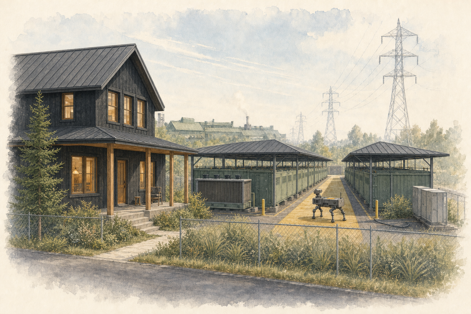 A watercolor view of a two-story dark-sided house with a gabled metal roof, lit windows, and a small front porch at left, set behind a low chain-link fence with grass and a young conifer beside it. To the right, two open-sided shed structures with green metal roofs shelter rows of green container-like units along a gravel lane, and a small four-legged robot stands on the lane between them. Lattice transmission towers and low green-roofed buildings appear in the middle distance under a pale sky.