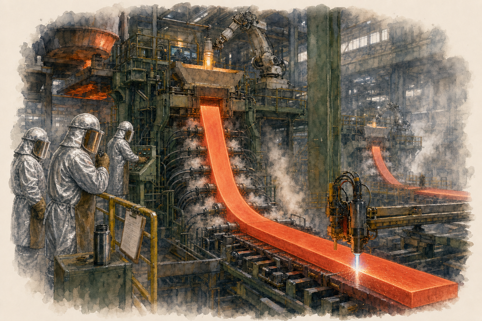 Three workers in silver heat-reflective suits and hoods stand on a platform at the left, observing a glowing orange slab of metal that emerges from an overhead caster and curves down onto a horizontal run-out table of rollers. Steam rises along the length of the strand, and at the right a torch cutter throws a bright white spark where it sections the slab. Overhead cranes, ladles, and steel structure fill the background of the mill bay.