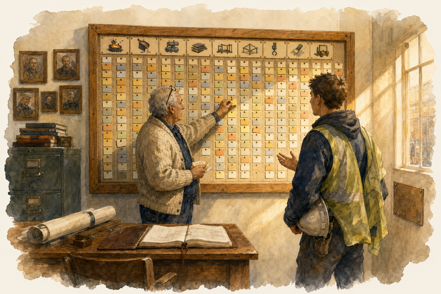 An older man in a cream cardigan with glasses pushed up gestures toward a large wall-mounted grid board filled with rows of small colored cards under a header strip of pictograms showing tools and machinery. A younger man in a dark jacket and high-visibility vest stands beside him holding a hard hat and looking at the board. In the foreground a wooden desk holds an open ledger and a rolled drawing; behind them are a black metal card-file cabinet, a stack of books, and a cluster of small framed portraits on the wall, with a bright window at right.
