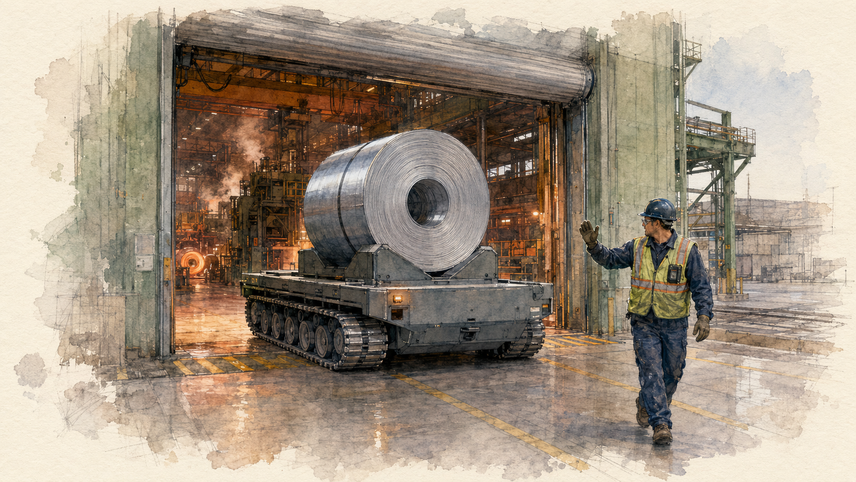 A watercolor of a tall industrial bay seen from outside through a wide open roll-up door, the interior of the mill visible behind it as a warm orange glow with silhouettes of rolling-mill stands and overhead structure. In the doorway, a tracked steel transporter with caterpillar tracks carries a large gray steel coil set on its side, the eye of the coil facing the viewer. A worker in navy coveralls, a yellow hi-vis vest, and a navy hardhat walks alongside the transporter with one arm raised in a guiding hand signal. A yellow safety stripe runs along the concrete, and to the right a structural-steel column and the silhouette of the next building rise into the frame under a pale overcast sky.