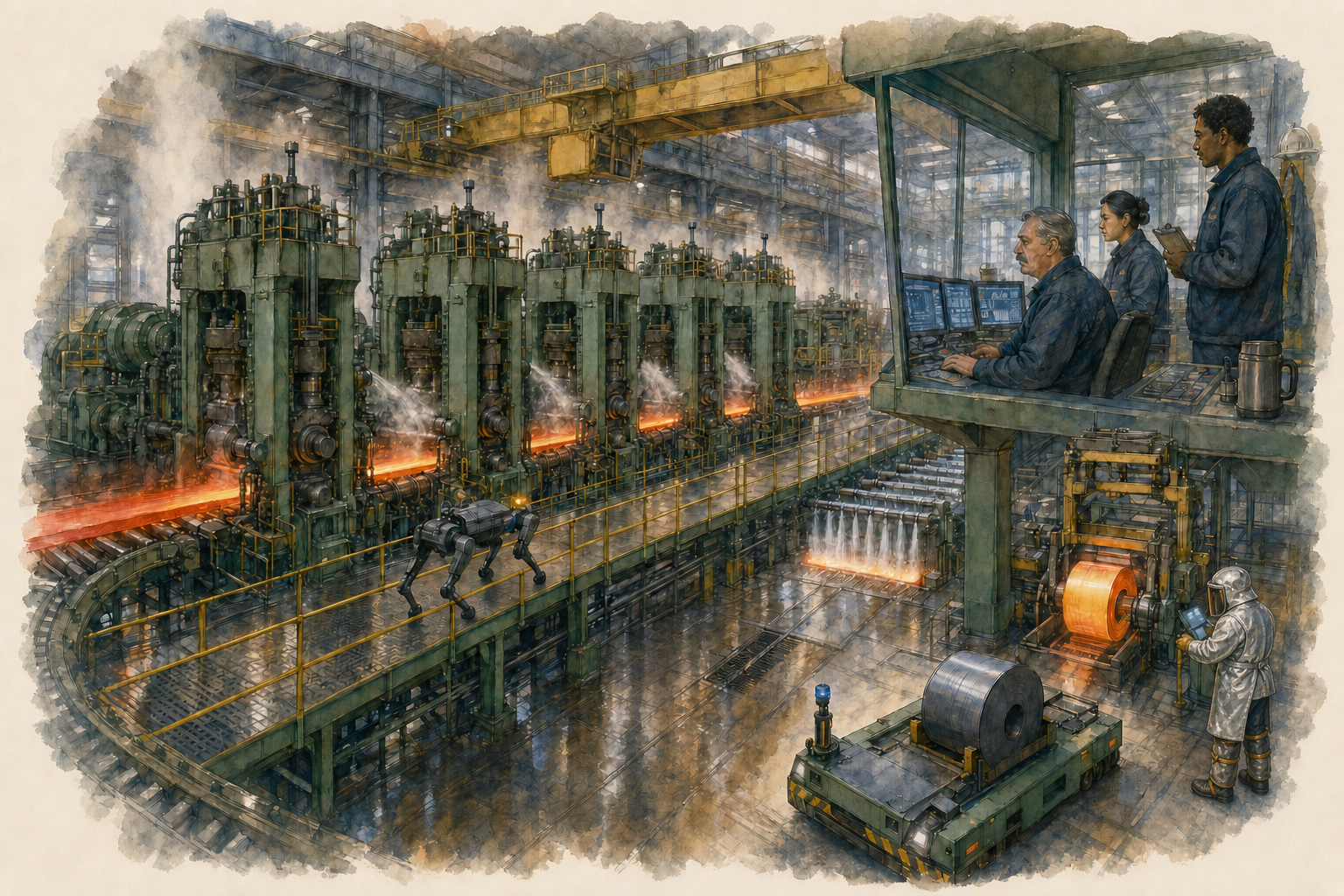 A long rolling mill line runs across the left and middle of the frame, with a row of green vertical stand housings pressing a glowing orange bar that curves along the roller table emitting steam. On the right, an elevated control pulpit with windows holds three operators in dark clothing watching monitors, and below them a coiled steel strip sits on a coiler car attended by a worker in a light suit. A small quadruped robot walks along the mill floor between the line and the pulpit, beneath a yellow overhead crane.