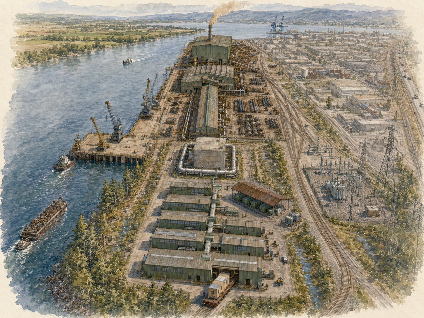 An elevated watercolor view of a riverside industrial complex with several long green-roofed shed buildings arranged in parallel rows, a taller mill building with a smokestack emitting a dark plume, and rail lines threading between structures. A river runs along the left edge with a dock, cranes, and a barge; a row of lattice electrical transmission towers marches down the right side. Evergreen trees frame the foreground and distant hills sit under a pale sky.