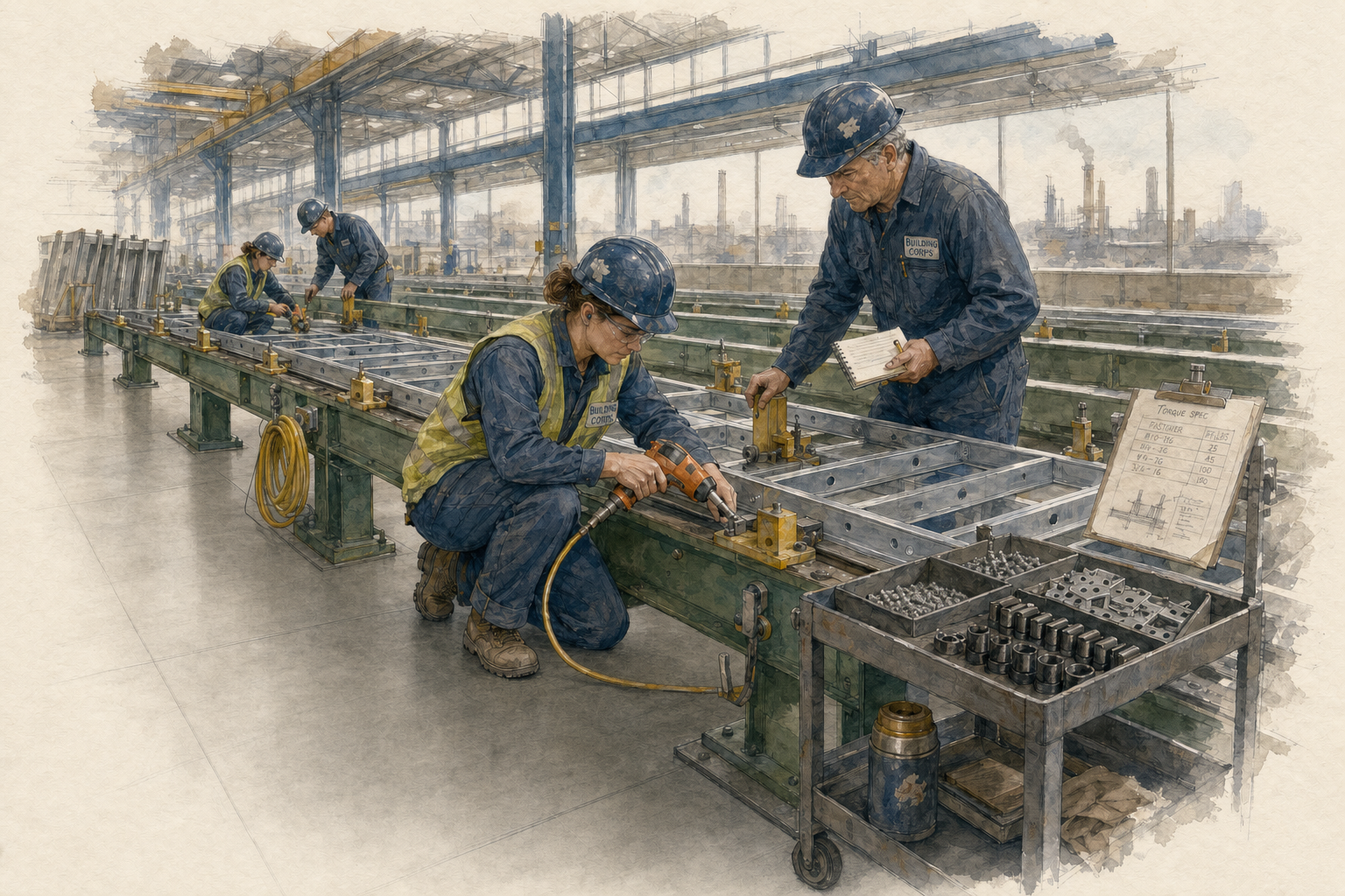 A watercolor of a shop-floor scene inside a tall industrial bay with exposed steel trusses and clerestory daylight. A young woman in navy coveralls and a yellow hi-vis vest, wearing a navy hardhat, is crouched at a long green-painted panel jig with one knee on the concrete floor, both hands on an orange-and-black pneumatic torque wrench engaged with the steel framework on the jig; a yellow coiled air hose loops at her side. Behind her, an older bearded man in matching navy coveralls and hardhat leans over the jig with a small open notebook in his left hand and his right hand resting at a yellow clamping fixture. Between them and the camera, a wheeled gray tool cart with a hardware tray of dark fasteners, a clipped spec sheet on a small stand, and a small brown thermos on the lower shelf. In the middle distance, a second two-person crew works at a second jig. Beyond the high windows at the back, the silhouette of mill stacks against a pale sky.
