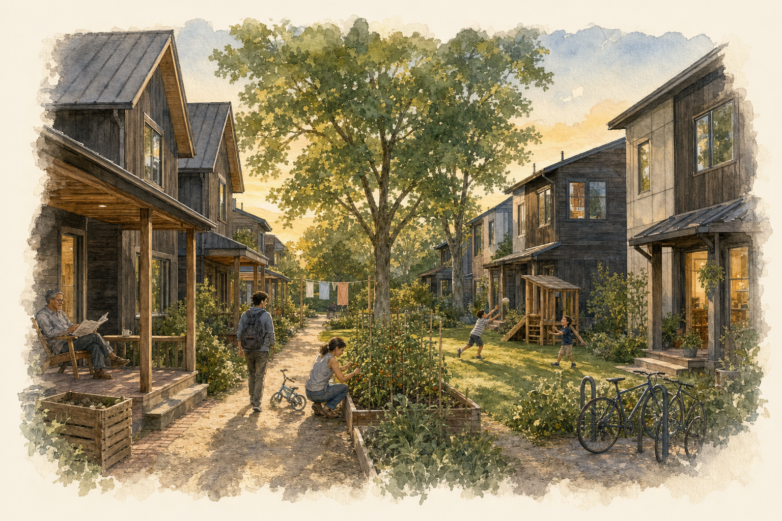 A watercolor courtyard between dark wood-clad two-story houses with standing-seam metal roofs, opening onto a shared garden with raised planter beds, climbing vines, and a tall central tree. A man in a rocking chair on a covered porch at left watches a woman crouched tending plants beside a child's bicycle, while a man with a backpack walks the brick path and two children play on a lawn near a wooden play structure. Warm dusk light catches the upper foliage, bike racks loaded with bicycles, and a wooden produce crate at the porch edge.