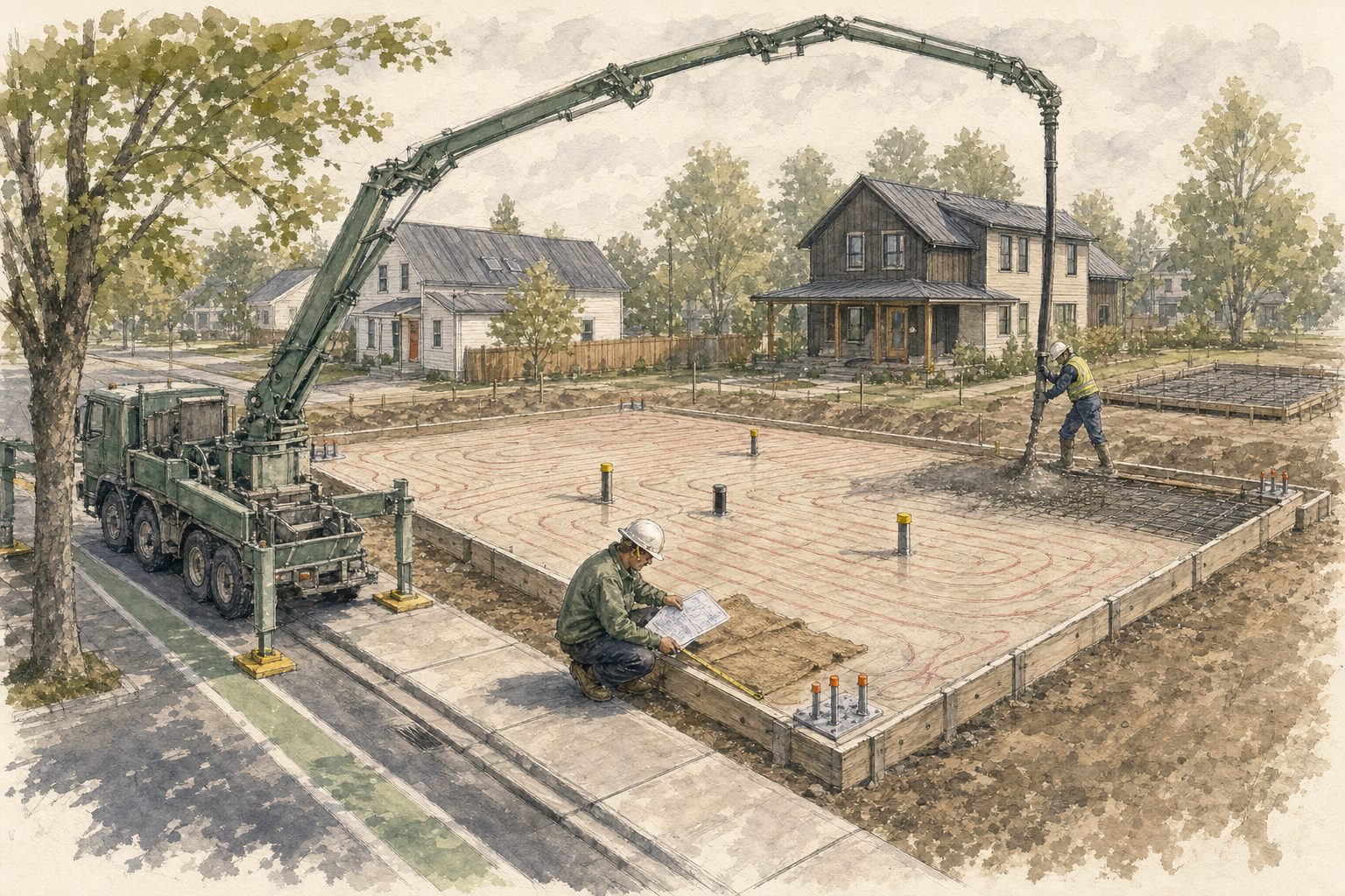 A green concrete pump truck is parked on a residential street with its articulated boom arcing over a rectangular foundation pad ringed by a low concrete stem wall and laced with curved tubing on the slab surface. A worker in green guides the discharge hose at the far corner of the pad, while another in a white hard hat squats at the near edge reading a drawing on a clipboard, with anchor bolts and short pipe stubs protruding from the slab around him. Behind the lot stand two finished wood-sided houses with gabled roofs and front porches, framed by mature trees and a sidewalk.