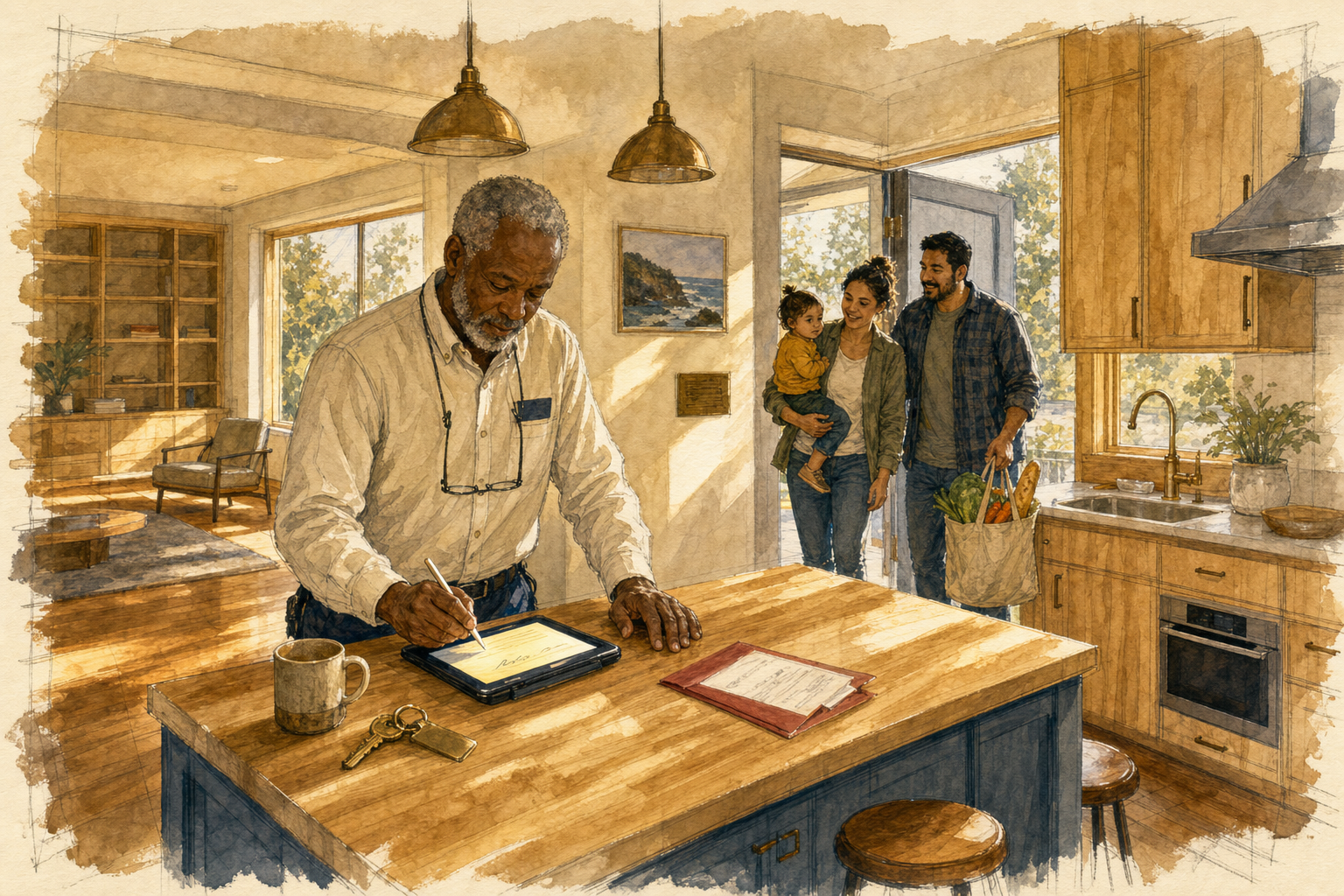 An older bearded man in a button-down shirt with a lanyard leans over a wooden kitchen island, writing on a tablet beside a manila folder, a coffee mug, and a ring of keys. Two brass pendant lamps hang above him; through an open doorway behind, a woman holds a small child while a bearded man carries a paper grocery bag of greens into the room. Warm afternoon light falls across pale cabinetry, a wall-mounted oven, and a framed coastal painting.