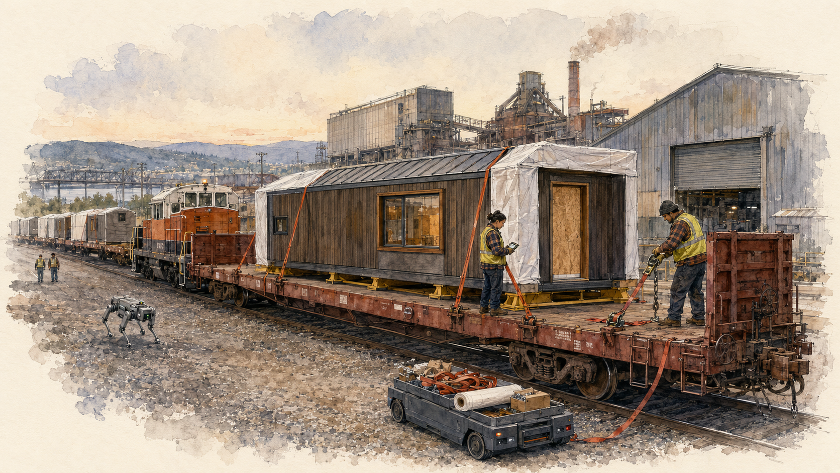 At dusk under an orange sky, an orange-and-black diesel locomotive numbered 2742 and lettered "Transit Corps" idles on a rail siding with a string of flatcars behind it; the nearest flatcar carries a small dark-sided gable-roofed building marked "Transit Corps." Two workers in yellow vests and hard hats are securing the load with red tensioning straps at the right end of the flatcar, while a small wheeled cart with cylindrical equipment sits on the ground beside them. A large industrial plant with stacks and a plume of smoke fills the background, with two more vested figures walking along the tracks at far left.