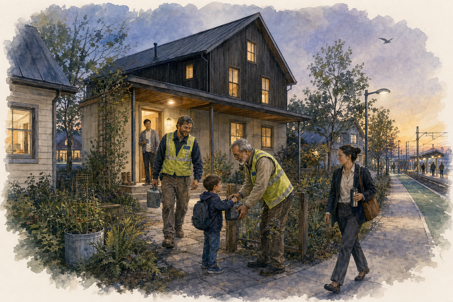 At dusk on a brick walkway outside a dark-sided two-story house with lit windows and a covered porch, a bearded man in a yellow safety vest crouches to shake hands with a small boy wearing a backpack. Another man in a vest carries a lunch pail down the porch steps while a figure stands in the lit doorway behind; a woman with a shoulder bag and water bottle walks past on the right. Beyond a low fence, a train platform with lampposts and a waiting train recedes toward an orange-pink sunset where a bird flies.