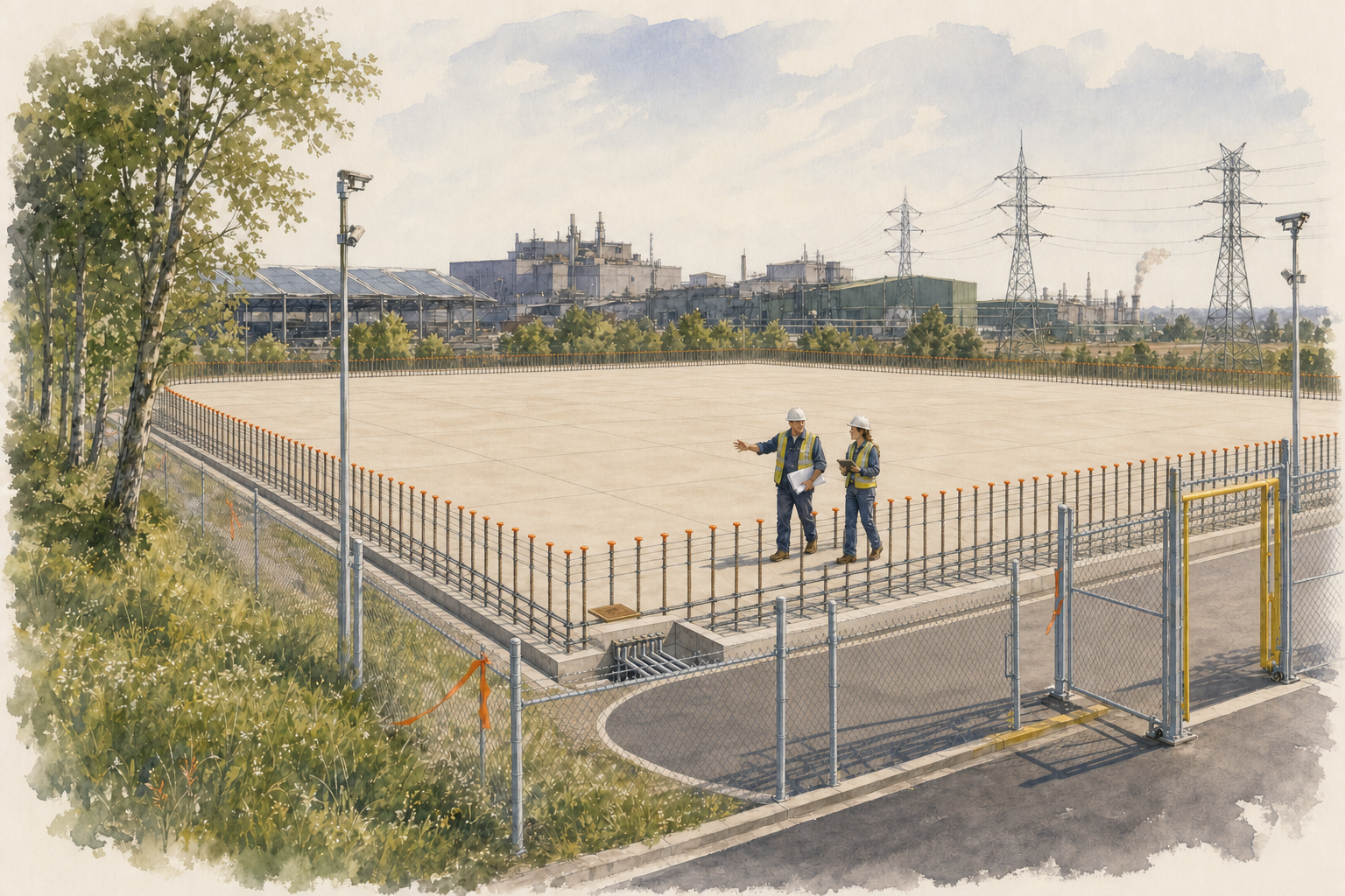 A watercolor view of a large empty rectangular concrete pad enclosed by a metal picket fence inside an outer chain-link perimeter, with a sliding gate at lower right and tall light poles at the corners. Two figures in hard hats and high-visibility vests stand on the pad, one gesturing with an outstretched arm while the other holds a clipboard. Beyond the enclosure, a sprawling industrial plant with dark sheds and stacks sits against a tree line, with lattice transmission towers stepping off to the right under a hazy sky.