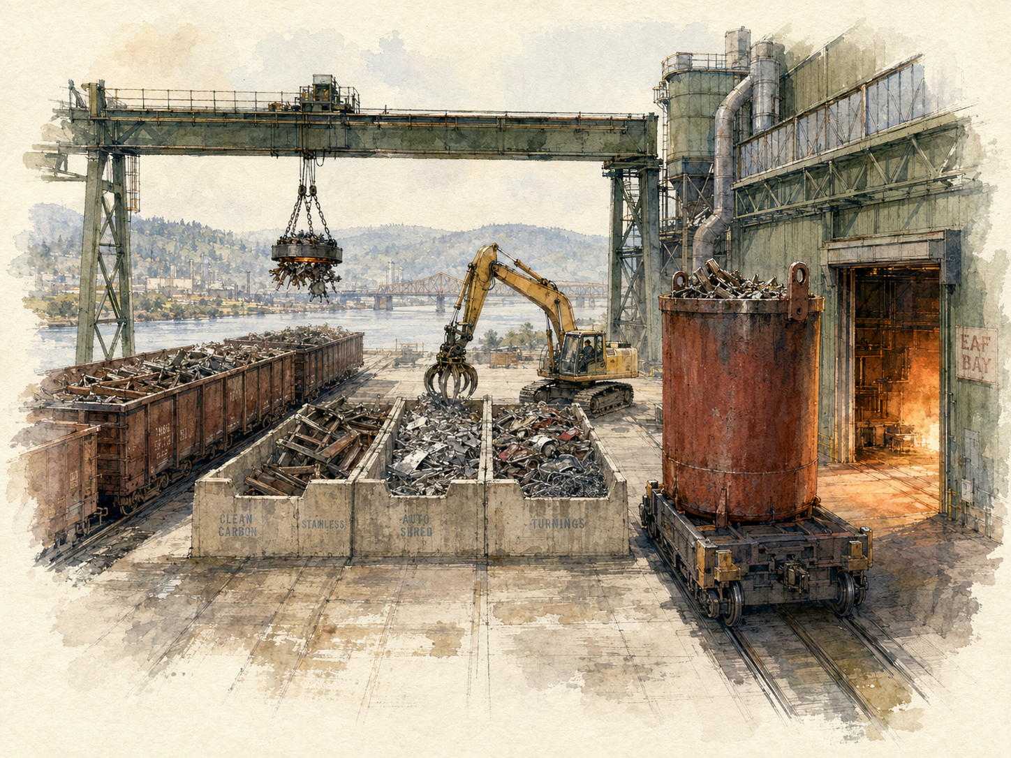 An outdoor scrap yard along a river, with a green gantry crane spanning the scene and lowering a circular magnet over open-top rail gondolas filled with twisted metal. A yellow excavator with an orange grapple attachment sorts piles of scrap on a concrete pad in the middle ground, while a worker in a yellow vest and hard hat stands at center looking on. To the right, a large conical charge bucket sits on a rail bogie beside the open doorway of a tall green mill building with ductwork and stacks above.