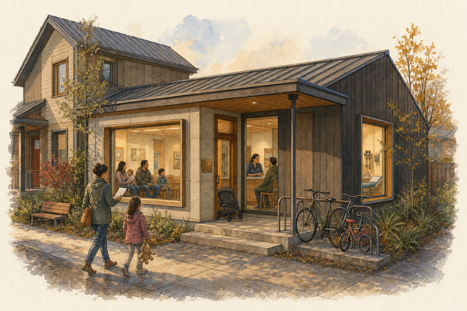 A watercolor of a single-story wood-clad building with a low-pitched metal roof and large plate-glass windows revealing an interior where seated figures face a person gesturing in front of framed pictures, and another room where two people sit talking across a desk. Outside, a woman and a small child in a red coat walk hand-in-hand along a paved path toward the entrance, passing a wooden bench, a rack of parked bicycles, and shrubs turning autumnal yellow and red. Warm light spills from the windows onto the concrete stoop under a softly clouded sky.