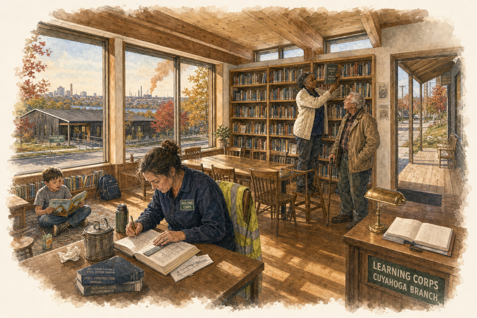 A timber-ceilinged room with tall windows opening onto a view of autumn trees, a red barn-like building, and a distant city skyline with a smoking stack. A woman in a dark work jacket sits at a wooden table in the foreground reading an open ledger beside a thermos and a metal pail; a boy sits cross-legged on the floor with a book, and at the back two older figures stand at floor-to-ceiling bookshelves, one on a rolling ladder. A small brass-shaded lamp sits on a wooden counter at right beside a sign reading 'LEARNING CORPS / CUYAHOGA BRANCH'.