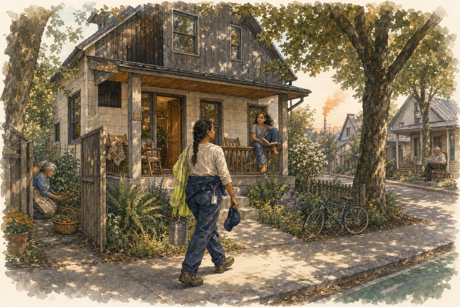 A two-story wood-clad house with a covered front porch sits behind a low fence and a garden of tall green plants on a tree-lined street. A woman with a long braid in dark work pants and a yellow vest walks along the sidewalk carrying a hard hat, glancing toward the porch where a younger woman in jeans sits on the rail reading a book. An older woman kneels in the garden tending plants at left, a bicycle leans against a tree at right, and similar houses recede down the block in warm late-day light.