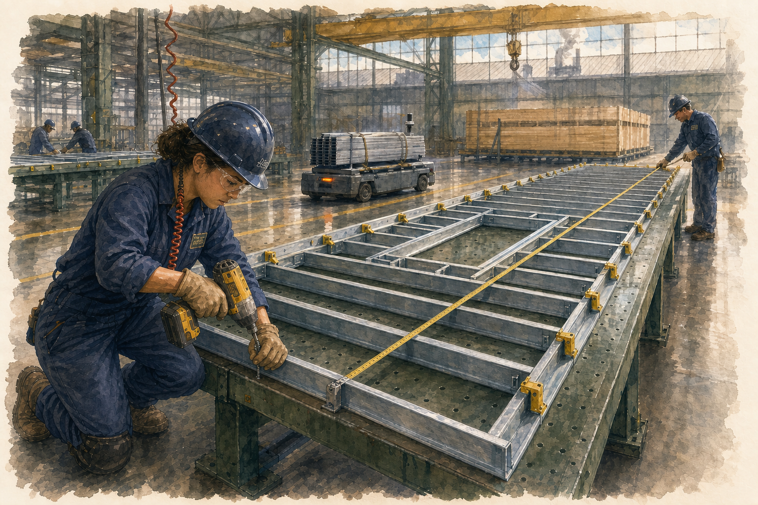 A worker in a navy hardhat and coveralls crouches at the end of a long steel floor or wall frame on a shop floor, holding a power drill against the metal. A yellow tape measure runs along the frame's length, secured by yellow clamps; a second worker in blue stands at the far end pulling the tape. Behind them, a small utility vehicle moves down the aisle of a tall daylit industrial hall with girders and clerestory windows overhead.