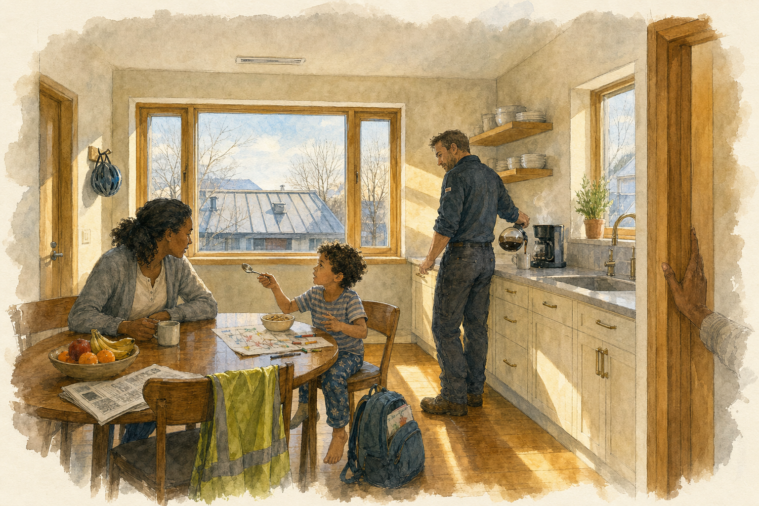 A woman in a gray sweater sits at a round wooden dining table across from a curly-haired child in a striped shirt who is lifting a spoon from a cereal bowl. A man in dark clothing stands at the kitchen counter pouring coffee from a glass carafe beside a potted plant and open shelving. Morning light enters through a large window showing a neighboring rooftop and bare trees; a blue backpack leans against the child's chair and a bowl of fruit and folded newspaper sit on the table.