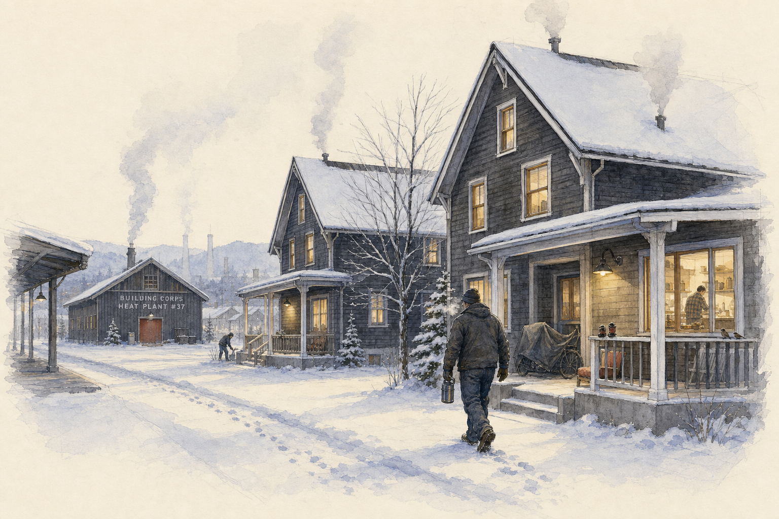 A watercolor of a snow-covered residential street at the cold blue hour of early morning. In the right foreground, a two-story dark-board-clad house with a covered porch — porch lamp lit warm yellow, a kitchen window glowing inside, a figure visible at the counter. A man in dark winter work clothing walks down the snowy front walk carrying a thermos in his gloved hand, breath visible in the cold air. Mid-block, a small utility cabinet at a property line; further down, a second house with its porch lamp on and a small figure on the porch. In the middle distance at left, a low gabled industrial building with snow on its roof and two slim pale plumes rising from short stacks. A rail platform canopy enters from the left edge, and low forested hills band the horizon under a blue-gray dawn sky.